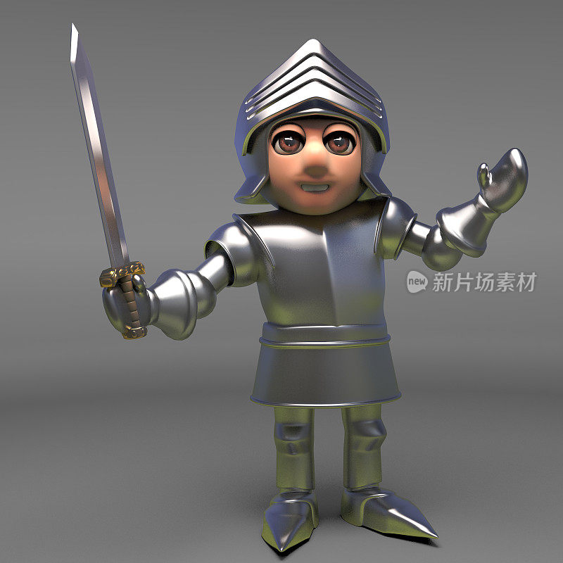 勇敢的中世纪骑士在盔甲与他的剑，3d插图