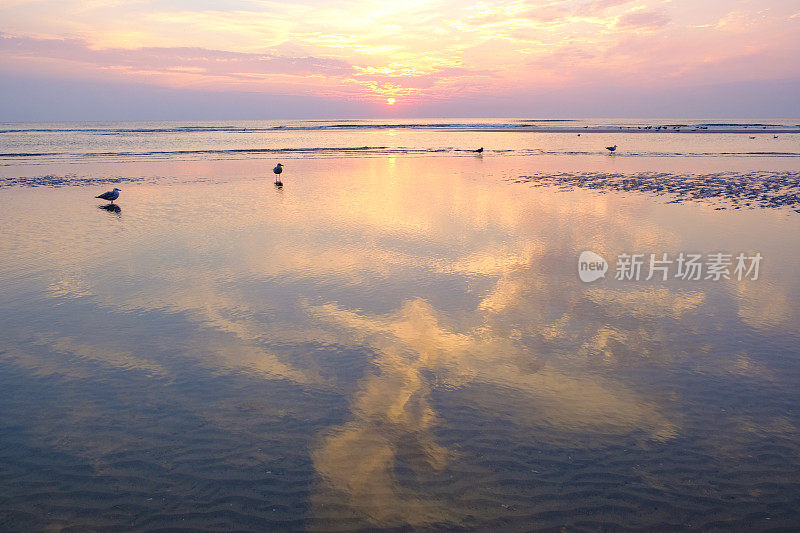 夏日海滩上的日落，海面平静