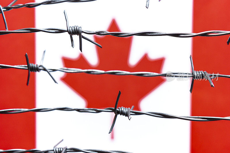 加拿大国旗和铁丝网