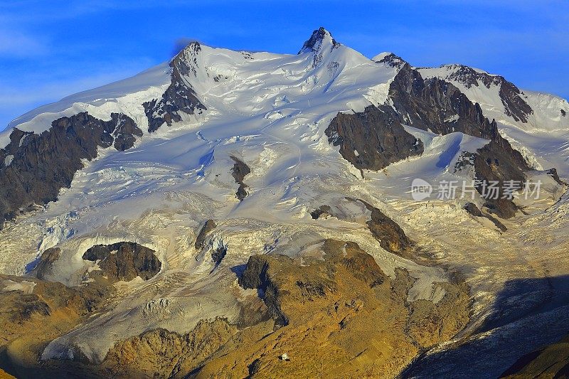 田园诗般的白雪皑皑的蒙特罗莎高山景观，夕阳，瑞士阿尔卑斯山