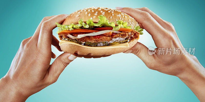 手里拿着美味的汉堡。饮食和快餐。