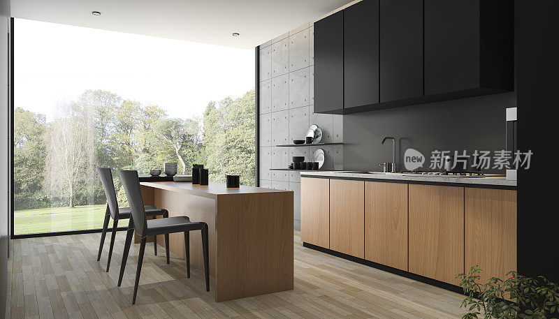 3d渲染现代黑色厨房内置木材