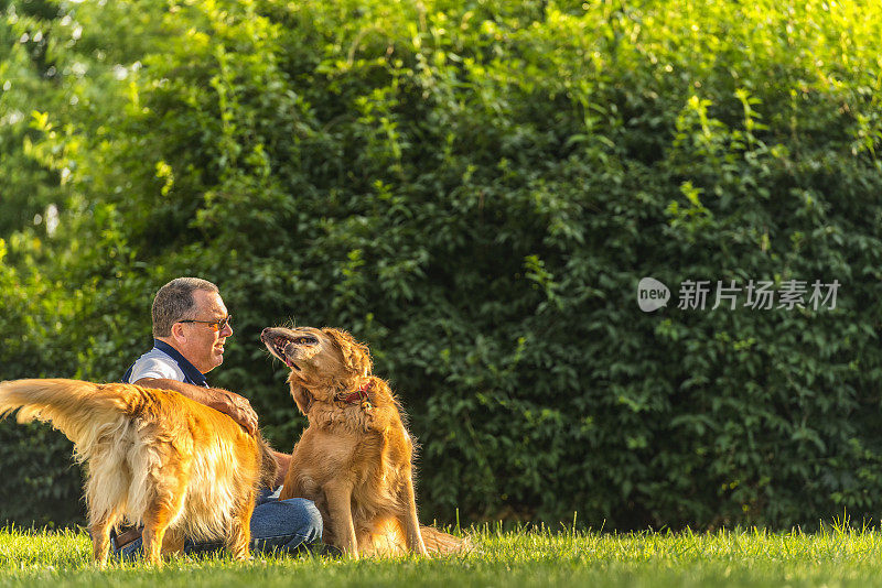 日落时分，一个男人在抚摸他的狗