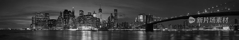 纽约，布鲁克林大桥，标志性的天际线全景夜景黑白