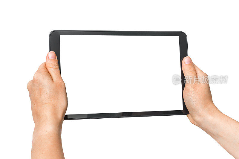 女性手握空白白屏幕的平板电脑