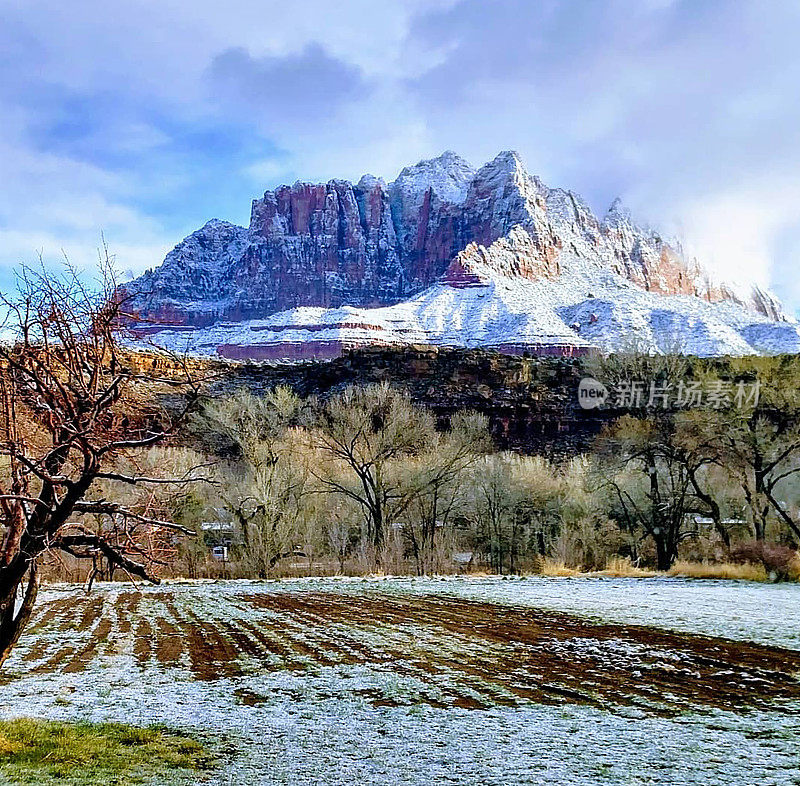 从犹他州罗克维尔附近看到的以新雪为背景的山Kinesava广场照片