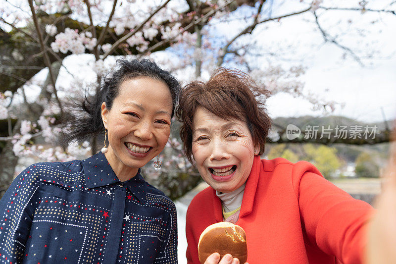 母亲和女儿在观赏樱花