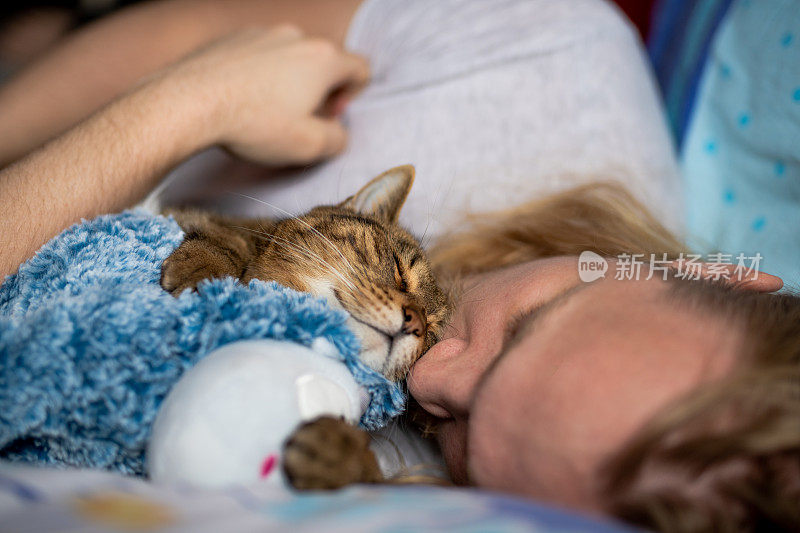 年轻的金发男子躺在床上与家猫和毛绒玩具