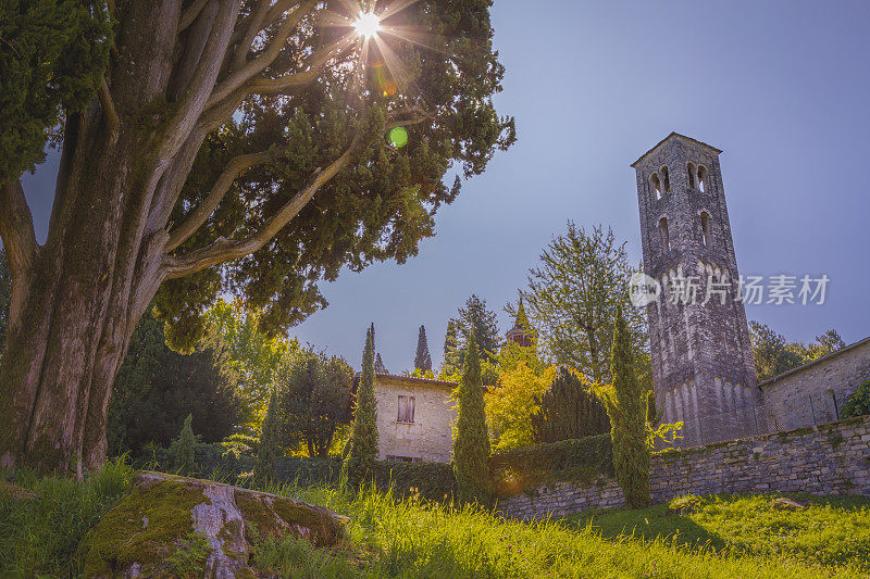 柏树，别墅和钟楼在田园诗般的科莫湖，放松景观-贝拉吉奥，意大利