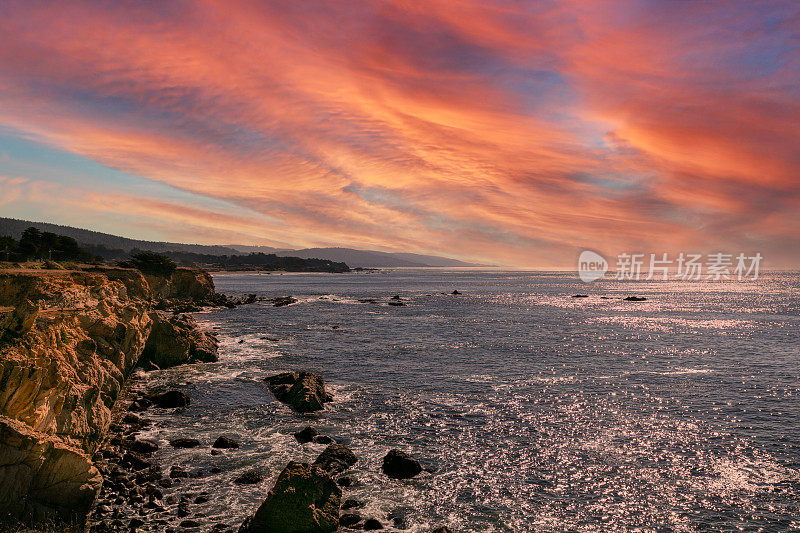 海洋牧场:日落:加利福尼亚北部的太平洋。加州海洋牧场