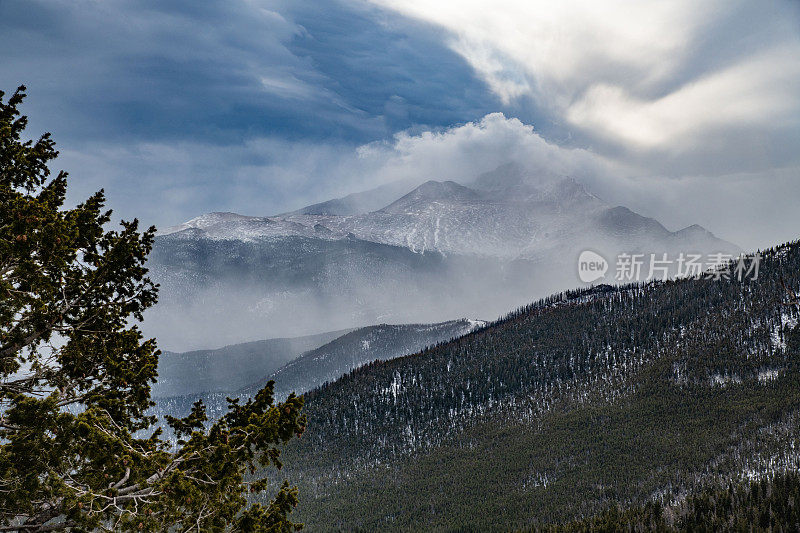 树木和雪与高海拔的山和天空的背景