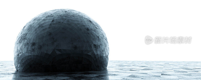 抽象具体景观建筑球体几何物体与具体表面三维渲染插图