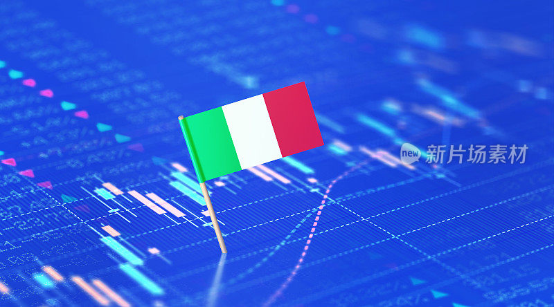 意大利金融和股票市场概念-意大利国旗坐在蓝色财务图表