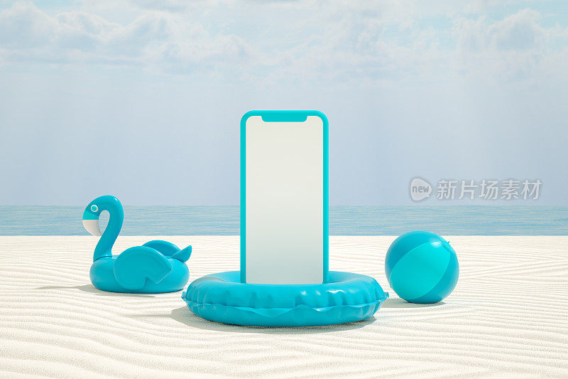 沙滩上的空屏幕智能手机，简约的夏日度假旅游概念