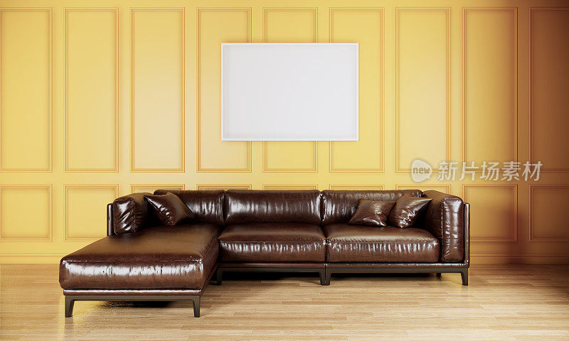 黄色房间内设空白相框，真皮沙发，3d渲染背景