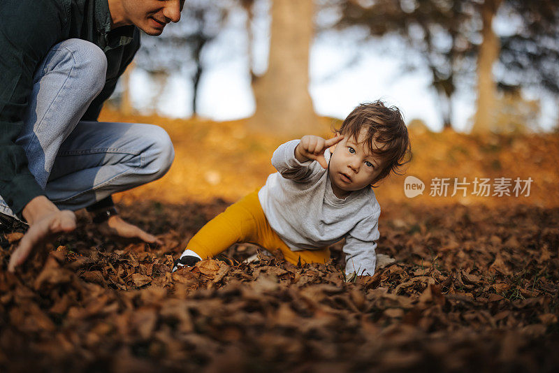 年轻的父亲和他的小儿子在秋叶中玩耍