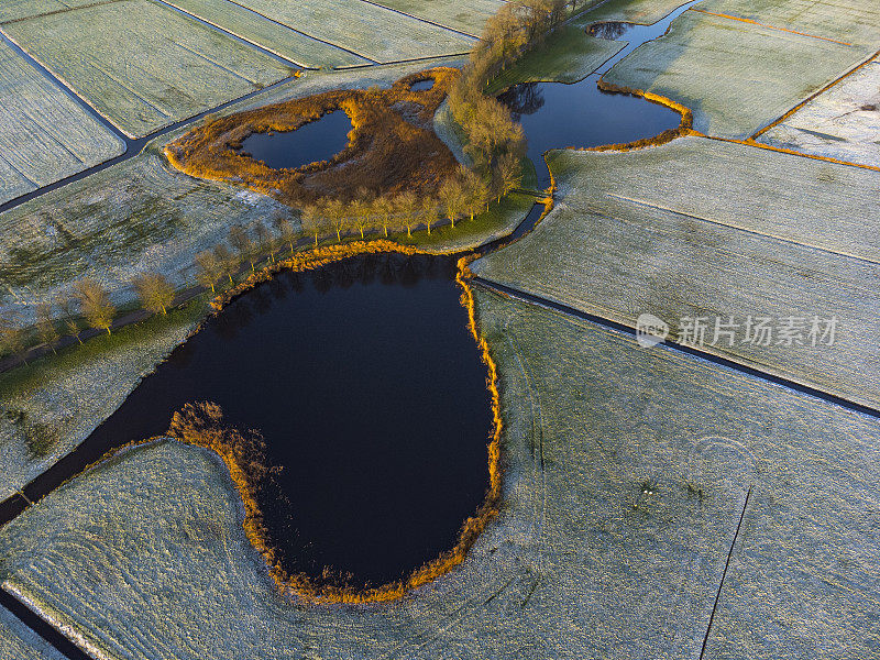 在坎本附近的IJsseldelta，冬天从上面可以看到老Zuiderzee堤岸Zwartendijk