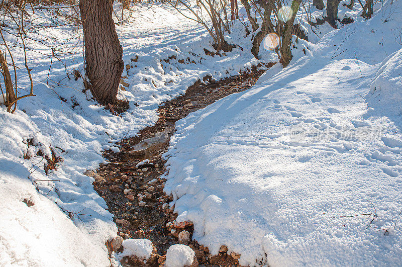 冬季山地景观，河流积雪和树木，最喜欢野餐的地方