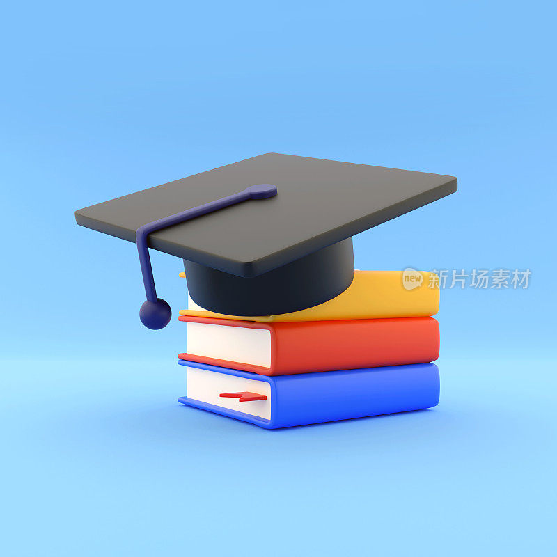 3D渲染书籍和毕业生帽子图标。3D渲染格勒帽子与书籍分离在蓝色上。3D渲染教育图标插图
