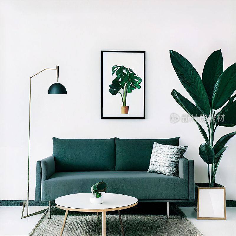 漂亮的极简风格的现代住宅内部，有沙发和墙上挂着的油画