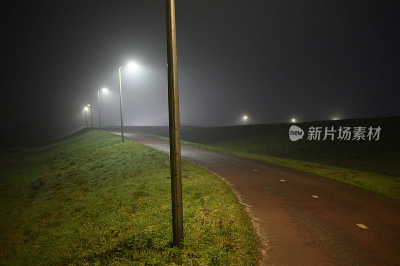 雾蒙蒙的夜晚，路灯照亮了这条小路