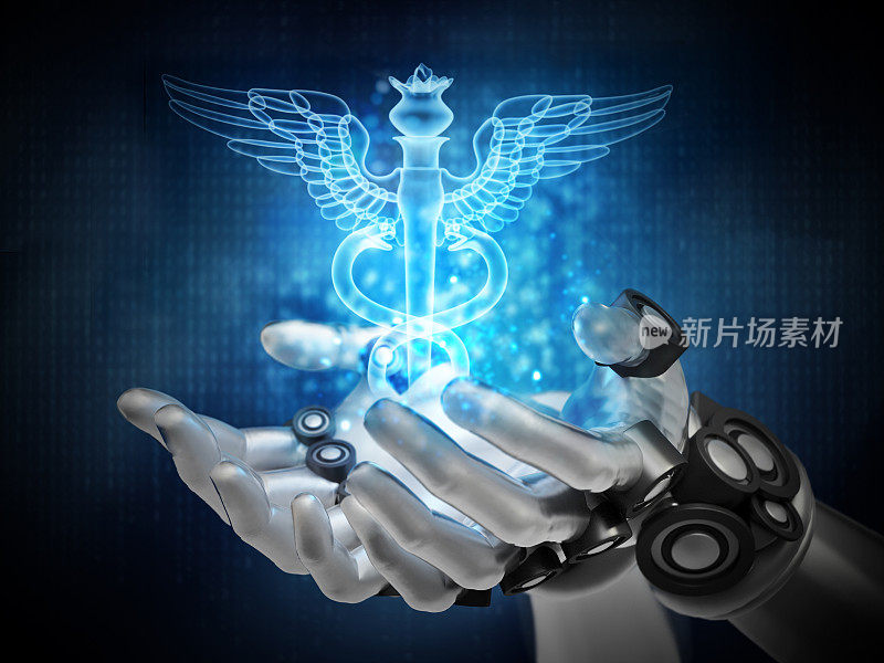 机器人手上的蓝色手杖全息图。网络医学概念