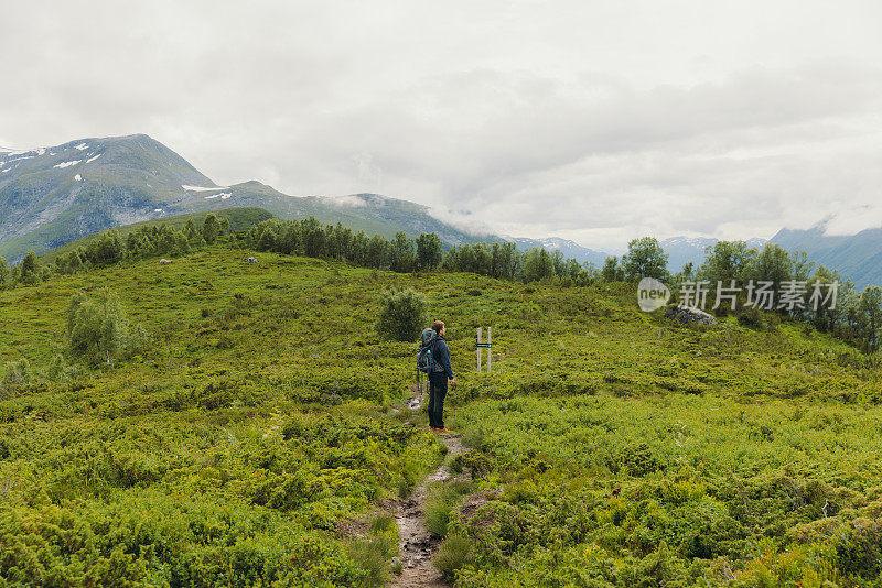 侧面视图的人与背包徒步旅行在挪威的夏季山区