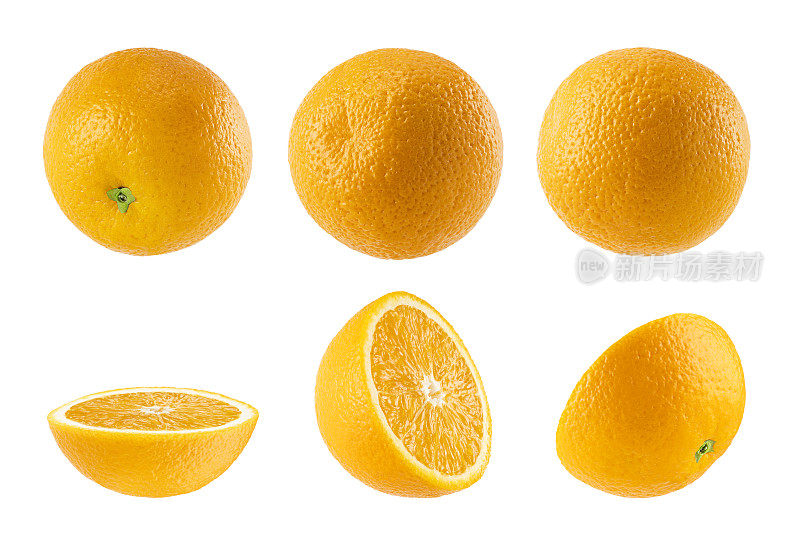 五颜六色的橘子套装。整个水果和切成两半，特写，不同的侧面被隔离在白色的背景上，工作室。夏季新鲜柑橘类水果作为广告、卡片、海报的设计元素。