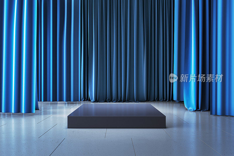 广告和营销概念，正面为空白的深色方形舞台，产品展示地点为瓷砖地板，后台为蓝色背景。3D渲染，模型