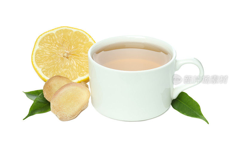 PNG，一杯茶，姜和柠檬片，孤立在白色背景上