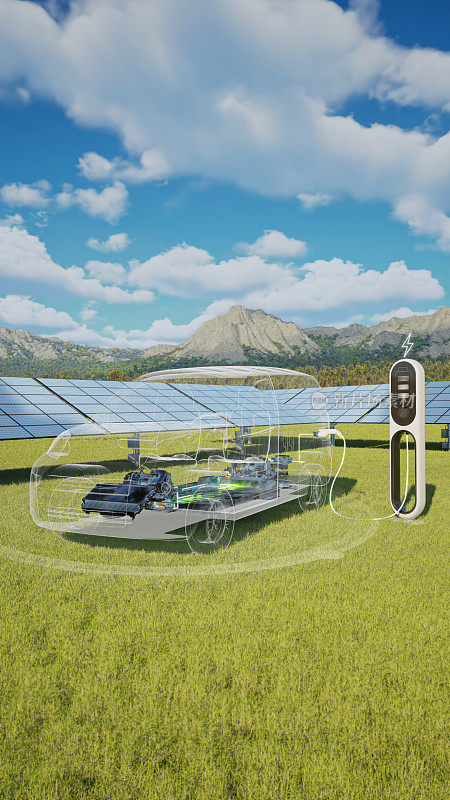 半卡车在装有太阳能电池板的电动汽车充电站充电