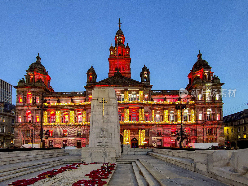 英格兰苏格兰格拉斯哥乔治广场的圣诞装饰灯