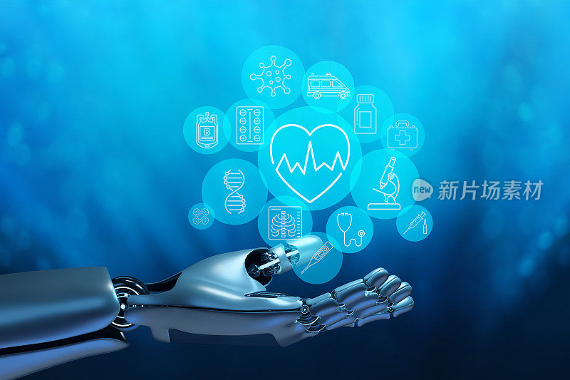 未来医疗保健:机械手与医疗图标交互