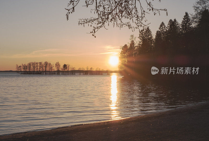 风景如画，有湖和森林，夕阳照亮了湖边的树木和森林。