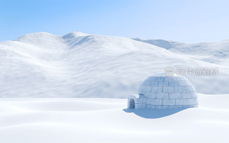 雪屋孤立于雪原与雪山之间，北极圈风景如画