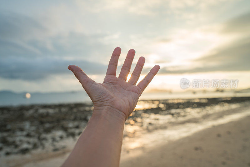 细枝末节的手伸向杯中霞光的夕阳