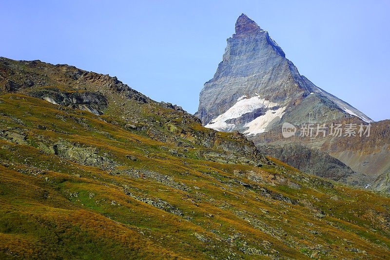 田园诗般的马特洪峰高山景观，草原草原在黎明，瑞士阿尔卑斯山