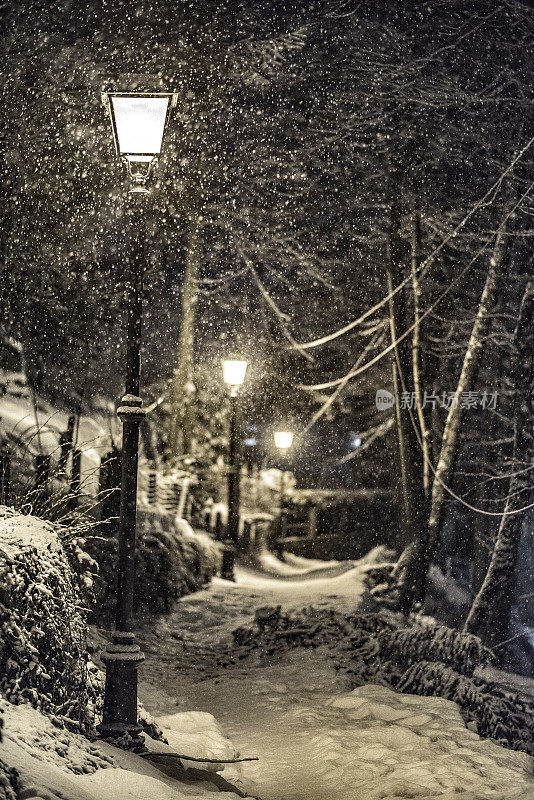 夜雪下的复古街灯