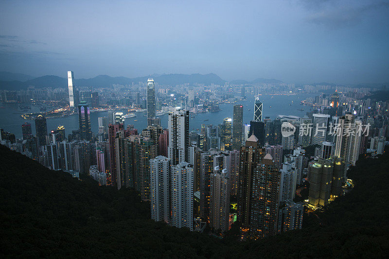 夜幕降临，香港的天际线