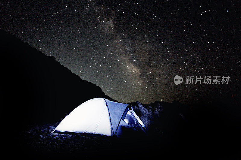 繁星满天的夜空，搭着帐篷