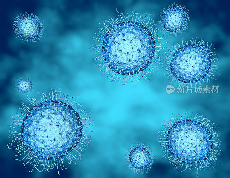 病毒细胞疾病和疾病概念抽象蓝色3D背景。