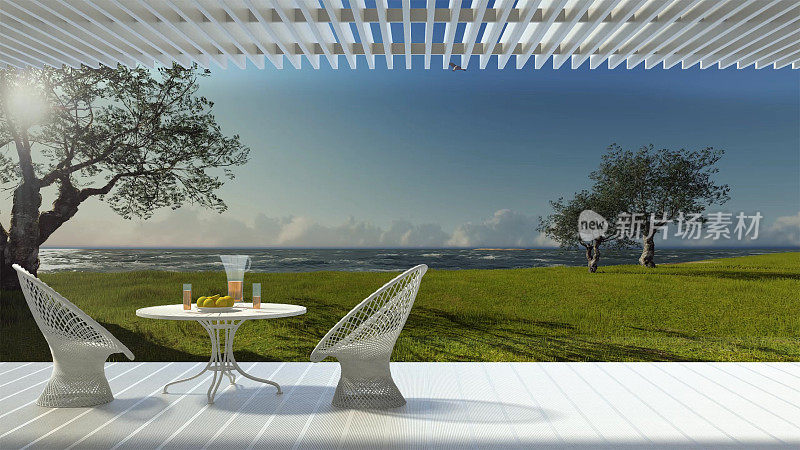 极简主义现代露台与休闲区，扶手椅和桌子的早餐，波涛汹涌的海洋和橄榄树的全景