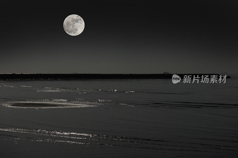 一轮满月从海上升起