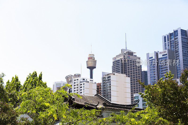 悉尼城市与中心点塔，天空背景与复制空间