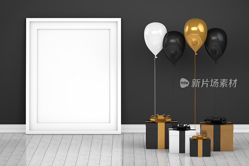 空荡荡的房间里有闪亮的金色和黑色气球。圣诞节，情人节，生日概念。