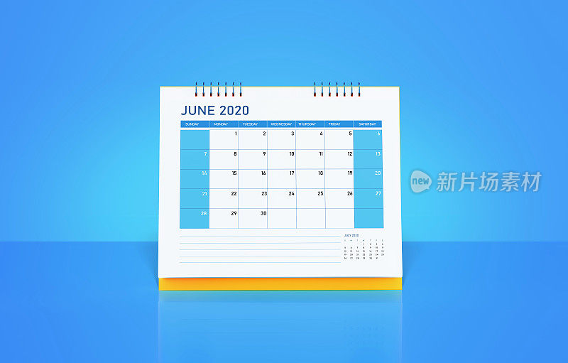 2020年蓝色背景黄色台历:6月