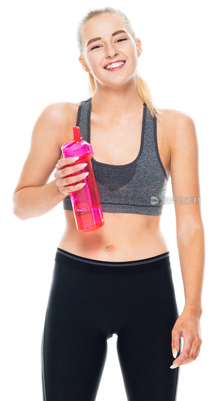 z一代女性穿着氨纶衣服，拿着水瓶在白色背景前锻炼