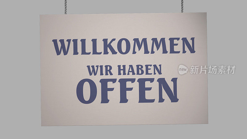 用绳子吊着的纸板上写着“欢迎光临”。包括剪切路径，以便您可以放置自己的背景。