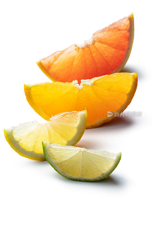 水果:柠檬，橙子，青柠和葡萄柚的楔形孤立在白色的背景