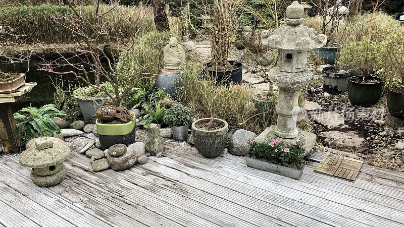 池塘边的花园装饰，用枫树盆，日本石灯笼和花园雕像装饰，风化的，白色的，有槽的硬木木材装饰